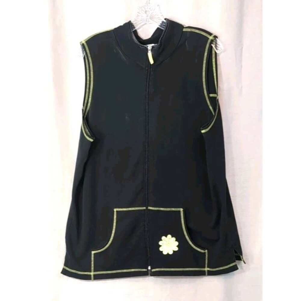 Quacker Factory Vest Womens XL Black Full Zip Lime Green Stitching Flower Bling